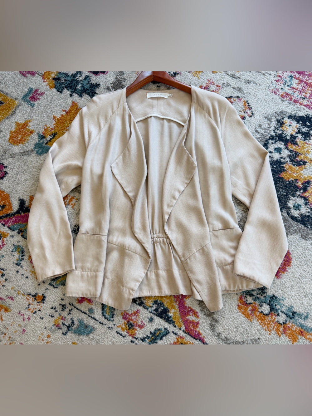 ASTR The Label Beige Open Front Waterfall Draped Woven Cardigan Blazer Oversized